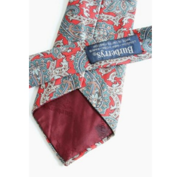 Burberrys London Mens Silk Neck Tie Paisley Print Vintage Red Gray - Picture 5 of 5